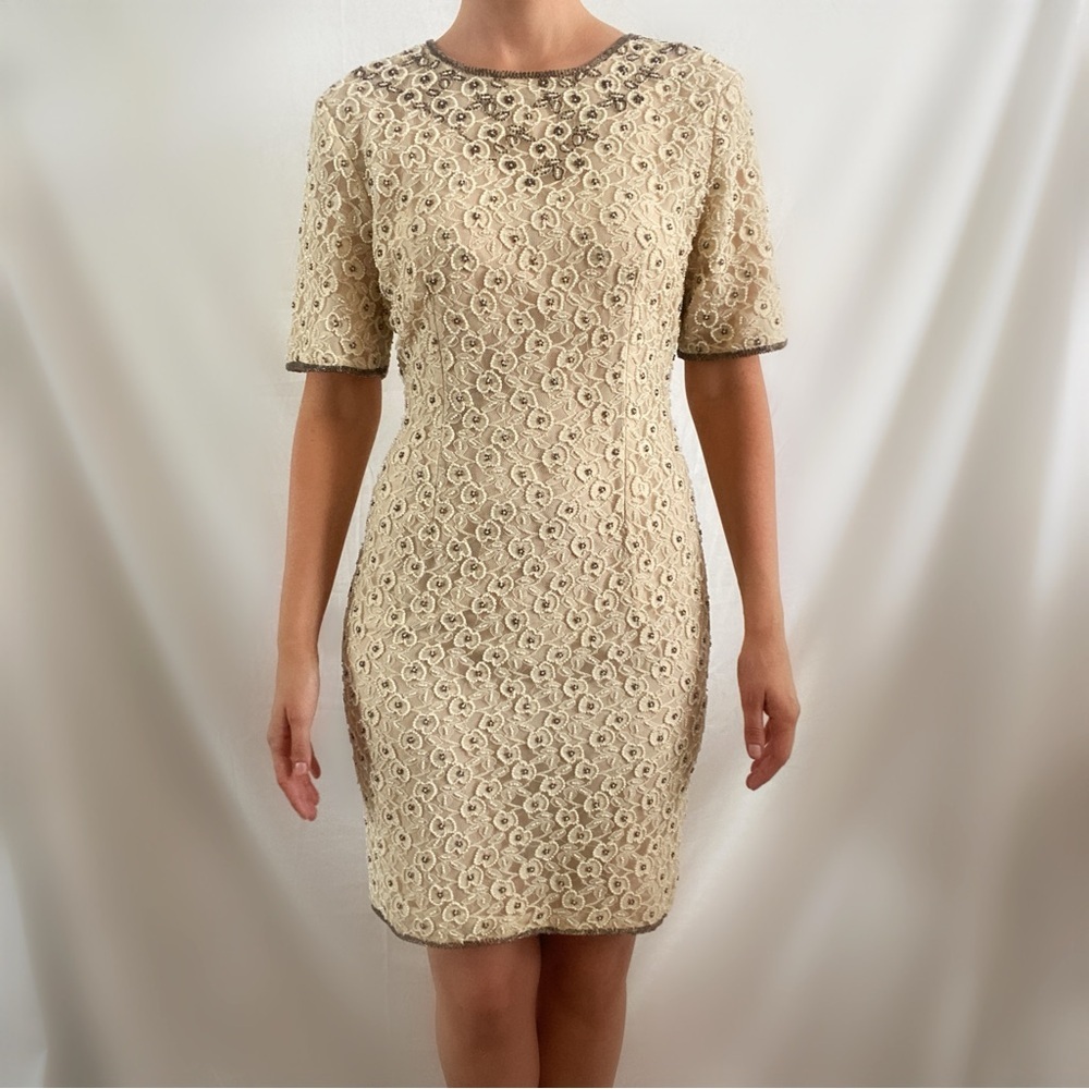 Vintage 60s sténay cream beaded shift dress short sleeve dress Pearl formal glam